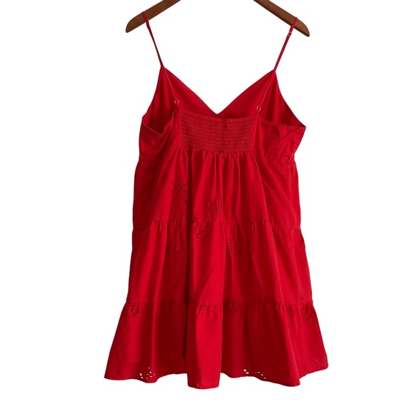 LOFT Tiered Babydoll VNeck Mini Dress Sz L Red Eyelet Boho Swing Vacation Beachy - Picture 2 of 11
